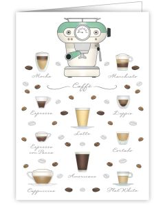 Greeting card - Coffee machine, beans & cups 