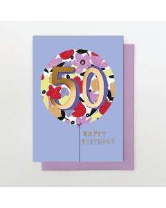 AGE 50 card - Floral balloon on soft blue