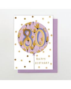 AGE 80 card - Gold 80 in floral balloon, gold spots