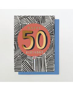 AGE 50 card - Balloon on black & white stripes