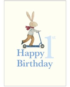 AGE 1 Birthday card - Bunny with scooter 
