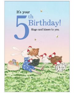 AGE 5 Birthday card - Ruby hugging chickens