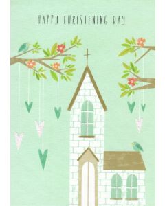 CHRISTENING Card - Church & Hearts