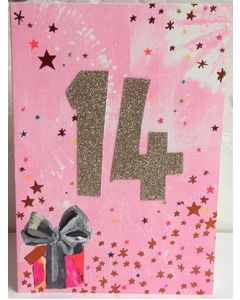 AGE 14 - Sparkly gold '14' on pink