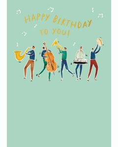 BIRTHDAY card - Playing instruments on green