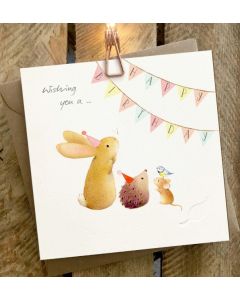 Birthday card - Bunny & friends in hats with bunting 