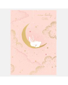 NEW BABY GIRL card - Bunny in crescent moon 