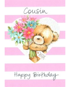 COUSIN Card - Teddy & Flowers