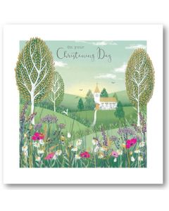 CHRISTENING Card - Church in Meadow 