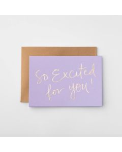 Congratulations card - Gold 'So excited' on mauve