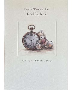 Godfather Birthday card - Pocket watch & bear