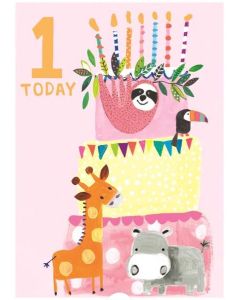 AGE 1 Card - Sloth, Giraffe & Hippo Cake