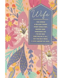 WIFE Birthday card - Bright flowers on pink 