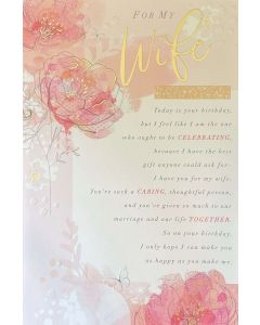 WIFE Birthday card - Soft pink flowers with gold