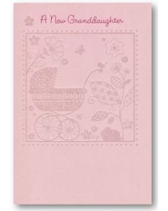New Baby Granddaughter card - Pram & flowers on pink