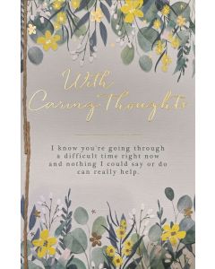SYMPATHY card - 'With Caring Thoughts' yellow flowers foliage 