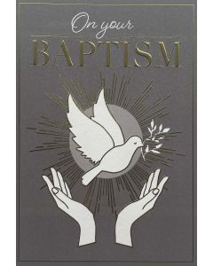 BAPTISM card - White dove & hands with gold 