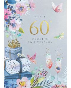 60th WEDDING ANNIVERSARY card - Gifts, glasses & flowers