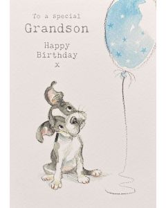 Grandson card - Puppy with blue star balloon