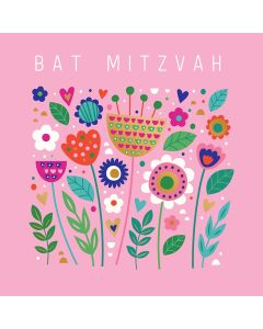 BAT MITZVAH card - Colourful flowers on pink 