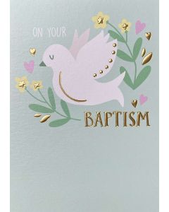 Baptism card - White dove with flowers