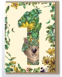 AGE 1 Birthday card - Wombat in greenery