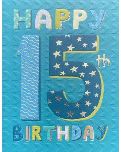 AGE 15 Birthday card - Blue '15' with stars
