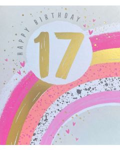 AGE 17 Birthday card - Pink & gold rainbow