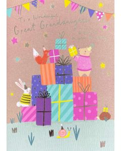 Great Granddaughter card - Cute animals stacking presents 
