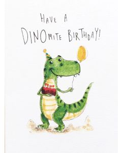 BIRTHDAY card - Dinosaur with cake & balloon 