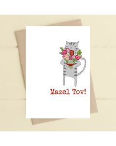 MAZEL TOV Card - Cat & Flowers