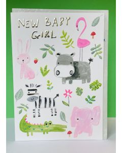 Baby GIRL card - 'New Baby Girl' wild animals