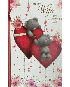 Wife Valentine card - Teddies on hearts 