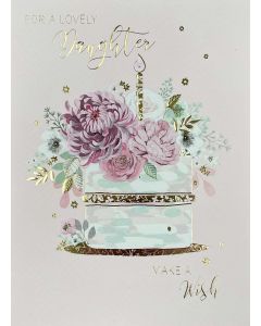 Daughter Birthday card - Pink & white flowers on cake