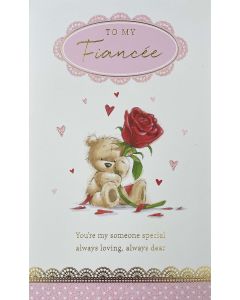 Fiancee Birthday card - Cute teddy with red rose