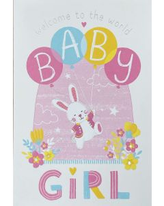 Baby GIRL card - White bunny, 'BABY' balloons